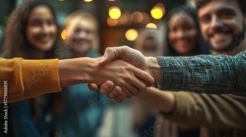 Close-up of two people shaking hands with a diverse group smiling in the blurred background, symbolizing agreement and connection.