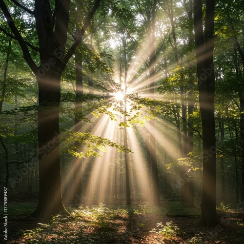 Sunlight streaming through dense forest canopy creating a luminous, glowing atmosphere and ethereal rays around ancient trees, glowing, shimmer, beam