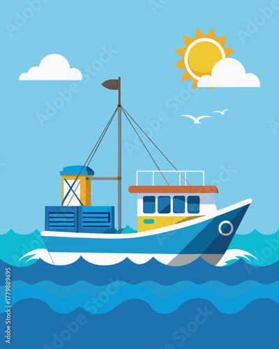 A fishing boat sails across the open sea with a solarpowered fridge on board keeping the crews catch fresh until they reach shore.. Vector illustration