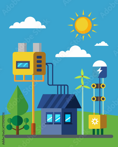 A backup power system using solar energy providing a reliable source of electricity during emergencies.. Vector illustration