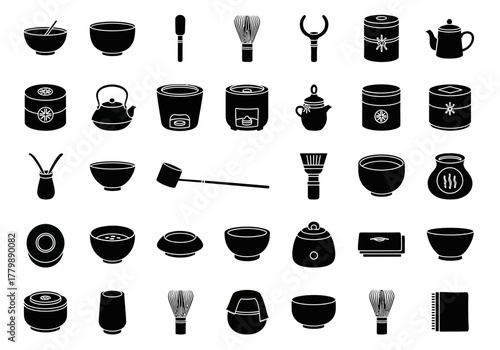 Traditional Japanese matcha tea ceremony equipment collection, black glyph icon set for Asian culture and beverage preparation
