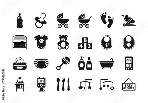 A comprehensive set of black glyph icons representing newborn baby essentials, childcare items, and parenting symbols for graphic design