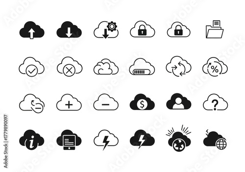 A comprehensive set of cloud computing line icons, illustrating data storage, transfer, and security concepts. Design collection 2j (304)