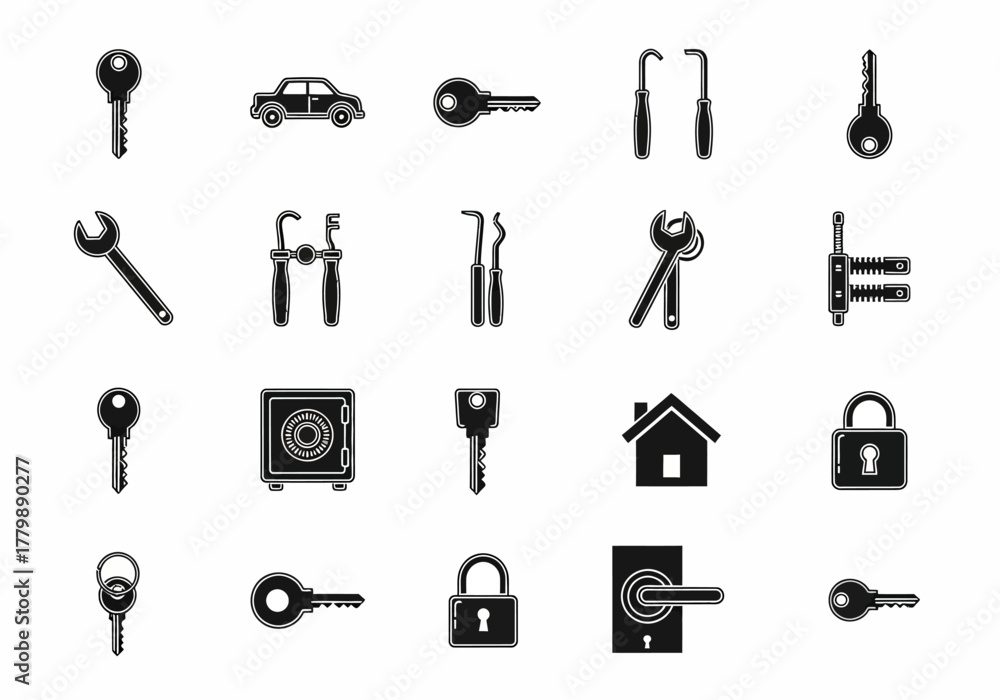 Obraz premium A comprehensive vector icon set for locksmith services and security systems, featuring keys, locks, professional tools, a safe, and a car