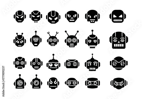 Collection of various robot head icons. Set of android faces, cyborg masks, and artificial intelligence symbols in a solid black glyph style