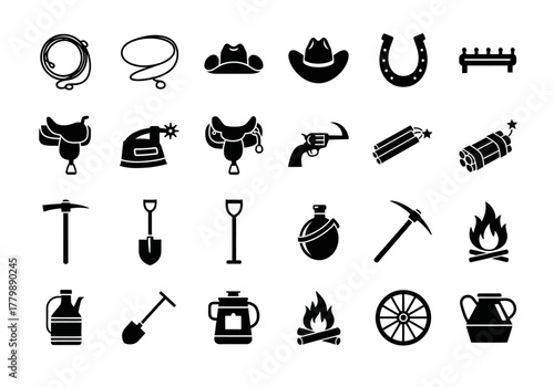A versatile set of vector silhouette icons depicting Wild West themes, from cowboy gear and gold rush mining tools to pioneer life essentials