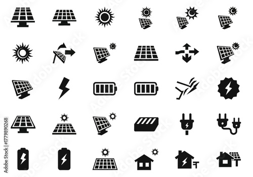 A comprehensive set of flat black icons representing solar power and renewable energy, including photovoltaic panels, sun, batteries, and electricity symbols