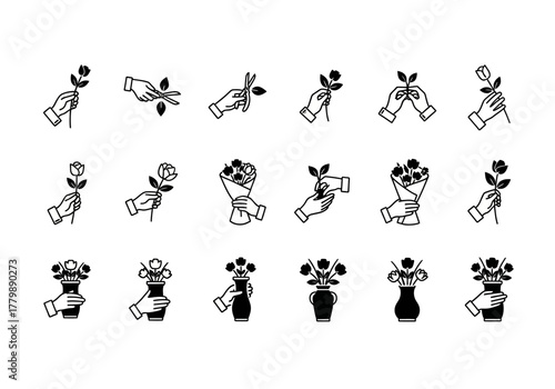 Set of flower shop and floristry line icons. Hands holding rose, bouquet arrangement in a vase vector collection