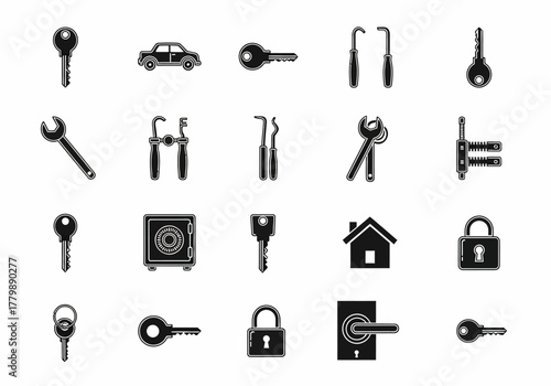 A comprehensive vector icon set for locksmith services and security systems, featuring keys, locks, professional tools, a safe, and a car