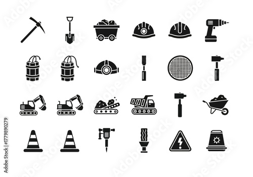 A versatile set of black silhouette glyph icons for mining, construction, and heavy industry, featuring tools, machinery, and safety equipment
