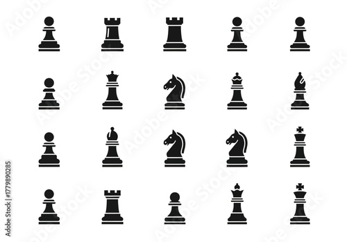 Vector set of black chess piece icons. Collection of game strategy symbols like king, queen, knight, and pawn for board games