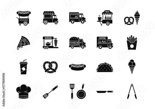 A collection of black silhouette icons representing street food culture, including food trucks, fast food items, and cooking utensils