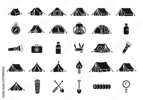 Set of black silhouette camping icons showing various outdoor adventure equipment like tents, backpacks, and tools for hiking trips