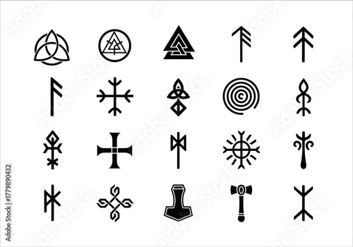 A collection of ancient Norse Viking runes and Celtic symbols. Set of sacred mythological vector icons and glyphs from Scandinavian culture