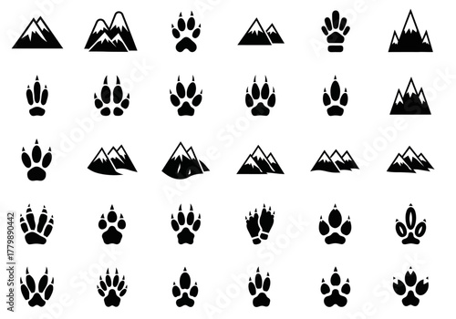 Vector collection of wilderness icons featuring various animal paw prints and mountain range silhouettes, perfect for nature and outdoor themes
