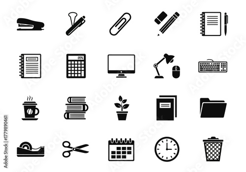 Set of black office icons for business design. A vector collection of essential stationery, computer, and workspace equipment silhouettes
