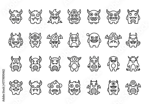 A diverse collection of thirty funny cartoon monster icons. Linear art style set of cute and quirky alien creature characters