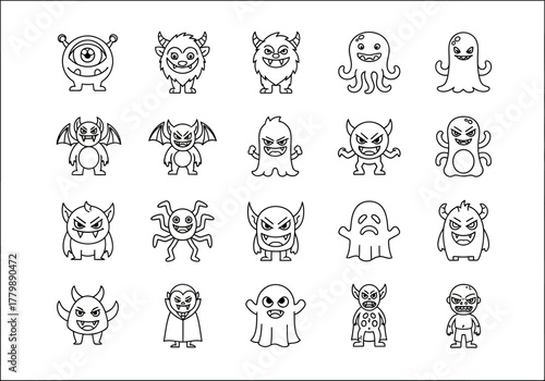A diverse collection of cute monster and fantasy creature line icons. Set of twenty simple black and white cartoon characters for Halloween and graphic design