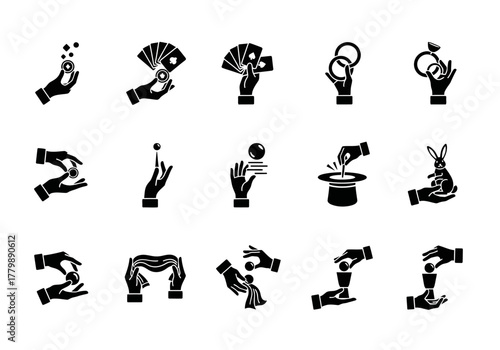 Glyph icons set of magic show elements, including magician hands, card tricks, illusion props, and sleight of hand