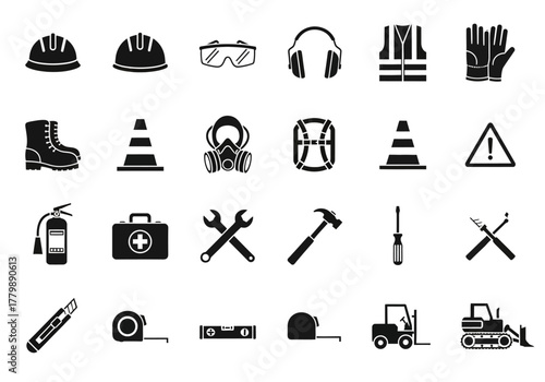 Solid glyph icon set for construction safety, personal protective equipment (PPE), and building industry tools and vehicles