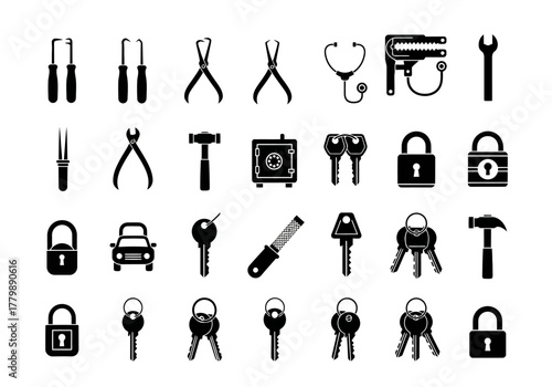 Collection of black silhouette icons for locksmith services, featuring keys, locks, a safe, and professional repair tools