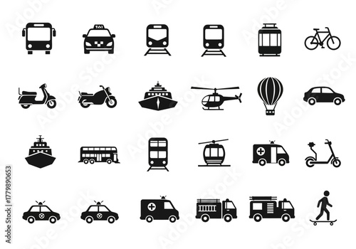 A large vector collection of transportation and vehicle icons, presented in a solid black silhouette style for universal design applications
