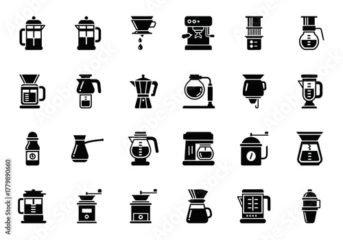 Vector collection of coffee maker glyph icons. A set of solid black symbols for different brewing methods, grinders, and barista equipment. Series 2j445