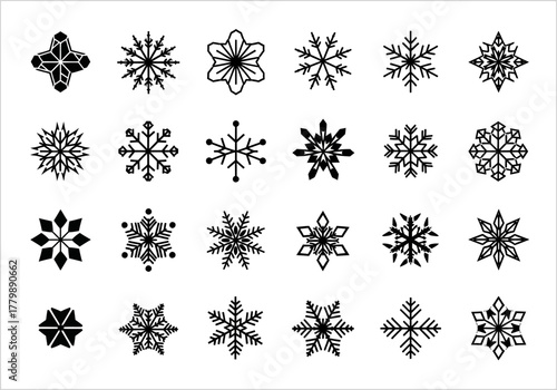 A diverse vector set of black isolated snowflake icons. Collection of various geometric shapes for winter and holiday design