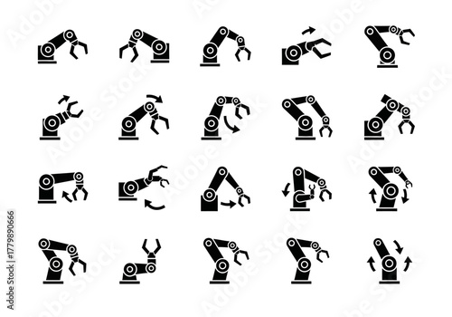 A versatile set of black glyph icons depicting industrial robotic arms for automation and advanced manufacturing concepts