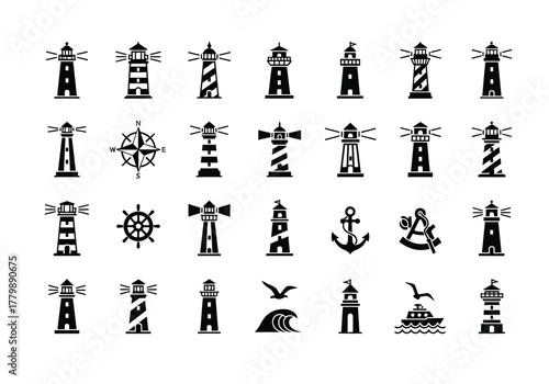 Set of black silhouette lighthouse icons and nautical maritime symbols. Vector collection for sea navigation and coastal design. 2j 428