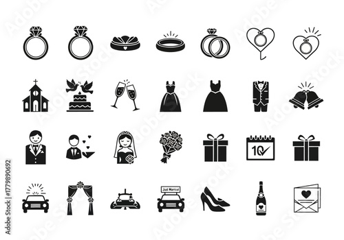 Set of monochrome wedding celebration icons featuring rings, bride, groom, and marriage symbols for graphic design projects