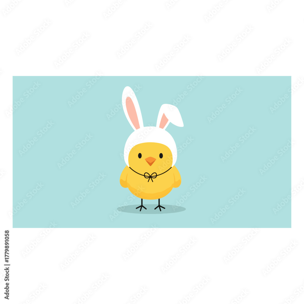 Fototapeta premium Cute cartoon chick wearing white bunny ears, standing with a yellow bow tie on a blue background