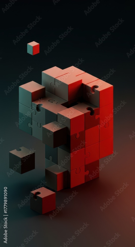 Obraz premium Abstract visualization of a complex problem represented by three dimensional puzzle pieces and geometric blocks needing proper organization for a solution ,brainteaser ,abstract ,block