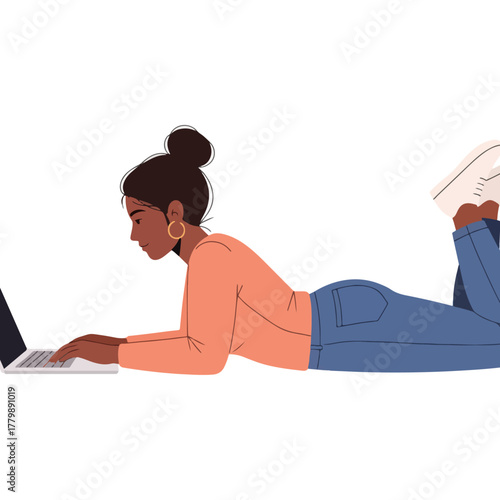 Young woman, relaxed on floor, typing on laptop, engaging in digital activity, casual lifestyle.