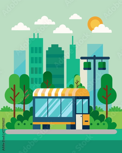 A green space within the city featuring a solarpowered bus stop that also has vertical gardens to promote air purification.. Vector illustration