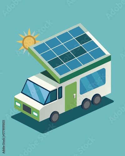 A collection of sleek adaptable solar panels fixed onto the angled roof of a tiny ecofriendly trailer.. Vector illustration