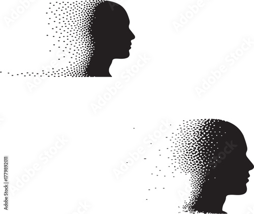 Human head dissolving into dots silhouette profile