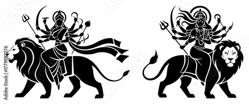 Durga Goddess Riding a Lion — Hindu Monochrome Vector Silhouette for Navratri