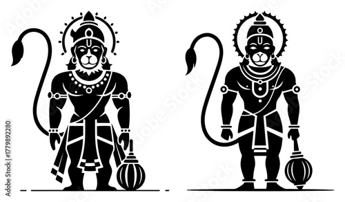 Hanuman Hindu God Vector Icon Set. Stylized Monkey Deity Silhouette Graphic Symbol