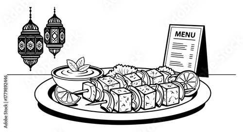 Indian Paneer Tikka Skewers on Plate with Mint Chutney and Menu Outline Vector Illustration