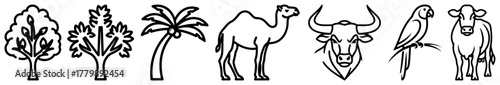 Desert and Farm Animals and Trees Outline Icon Set Camel Buffalo Parrot Palm Vector