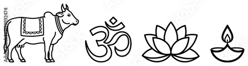 Hindu Symbols Outline Set Sacred Cow Om Lotus Diya Minimal Vector Illustration