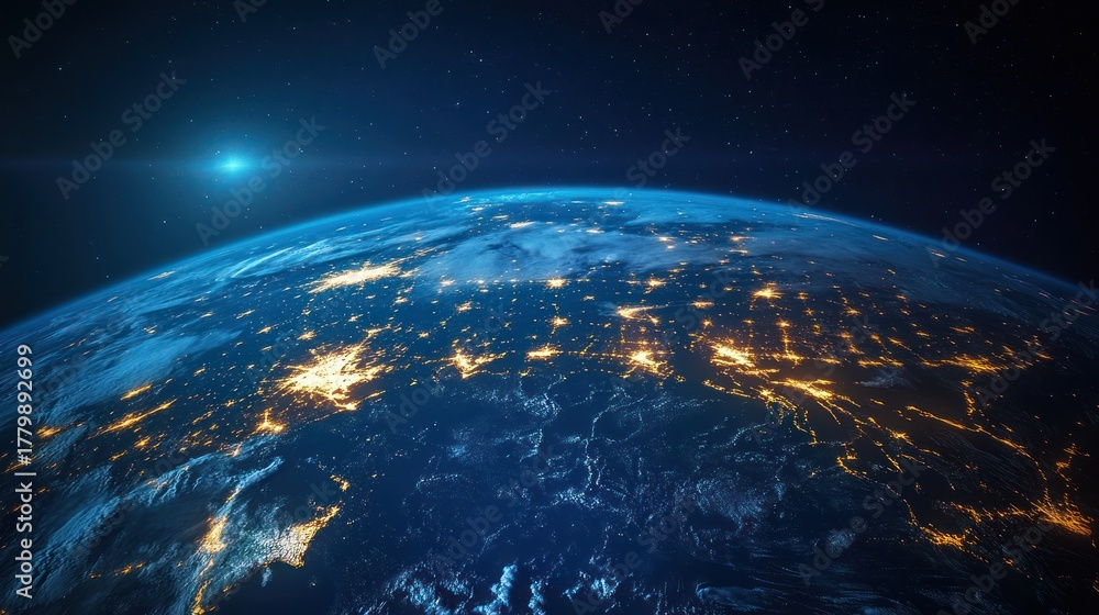 Fototapeta premium Earth From Space At Night With City Lights