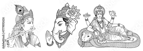Krishna With Flute Ganesha Face And Vishnu Reclining On Serpent Shesha Hindu Gods Line Art Vector
