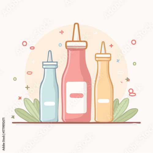 Three Condiment Bottles With Squeeze Tops In Pastel Colors Arranged Artistically On A Shelf With Green Leaves And Abstract Shapes In The Background