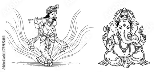 Hindu Gods Krishna and Ganesha Hand Drawn Sketch. Detailed Vector Line Art Illustrations