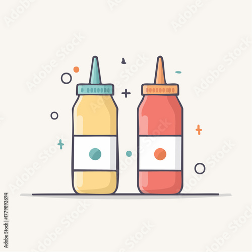 Two Cartoon Bottles of Condiments Mustard and Ketchup With Small Dots and Lines Decoration on White Background