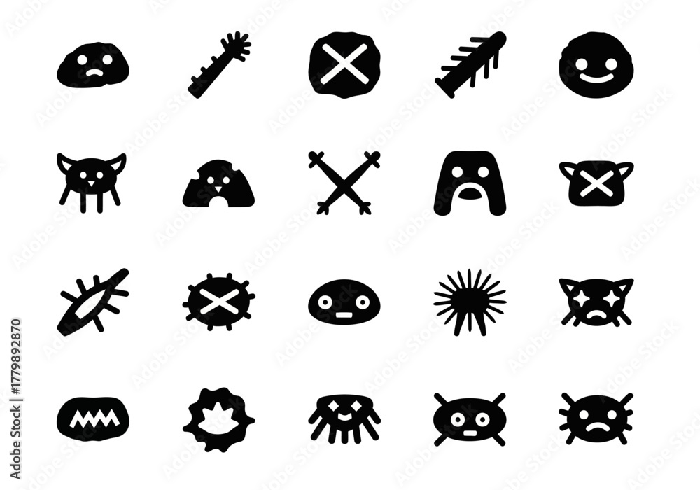 Fototapeta premium Set of hand-drawn monster and alien creature icons in a primitive style. Simple black glyphs and abstract emoticons for design projects. Vector graphic collection 2j (493)