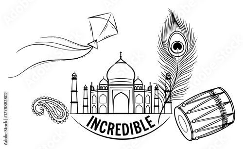 Incredible India Vector Composition. Hand Drawn Indian Symbols with Taj Mahal and Peacock Feather.