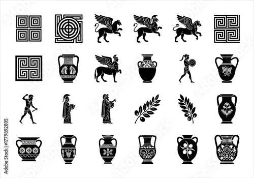 Collection of classic Hellenic silhouette icons with ancient Greek mythology, vases, warriors, and meander pattern vector elements